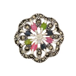 Genuine Ruby Sapphire Emerald Marcasite Cocktail Flower  Women's Ring